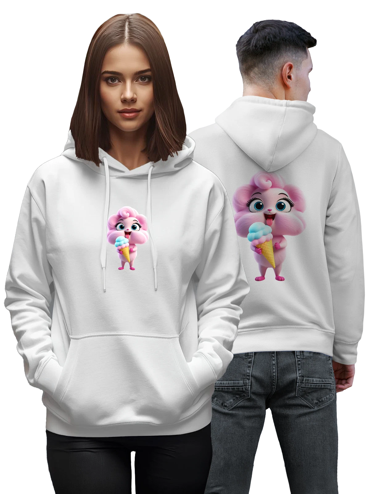 Худи с розовым кроликом и вафельным рожком белое с принтом — kawaii — Белая, фото 1