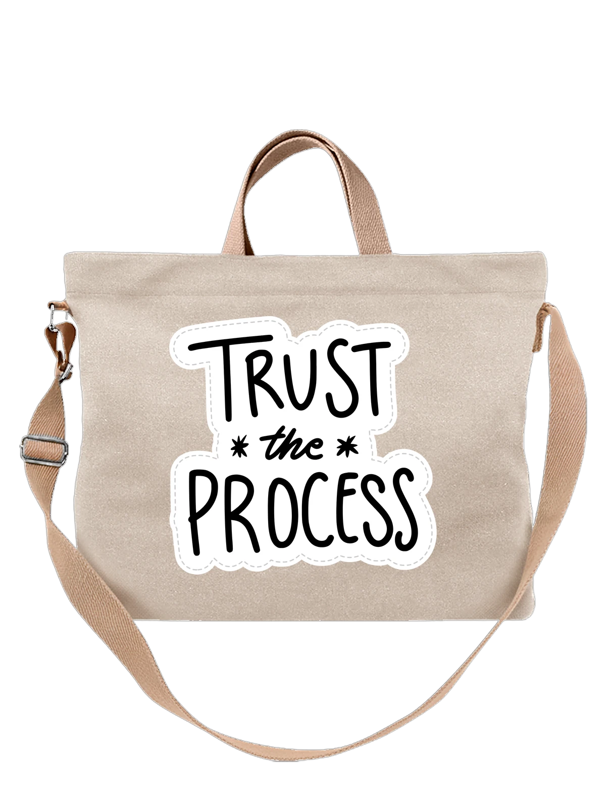 Сумка бежевая с принтом Trust the Process с надписью в облаке — постерный стиль — Бежевая, фото 1