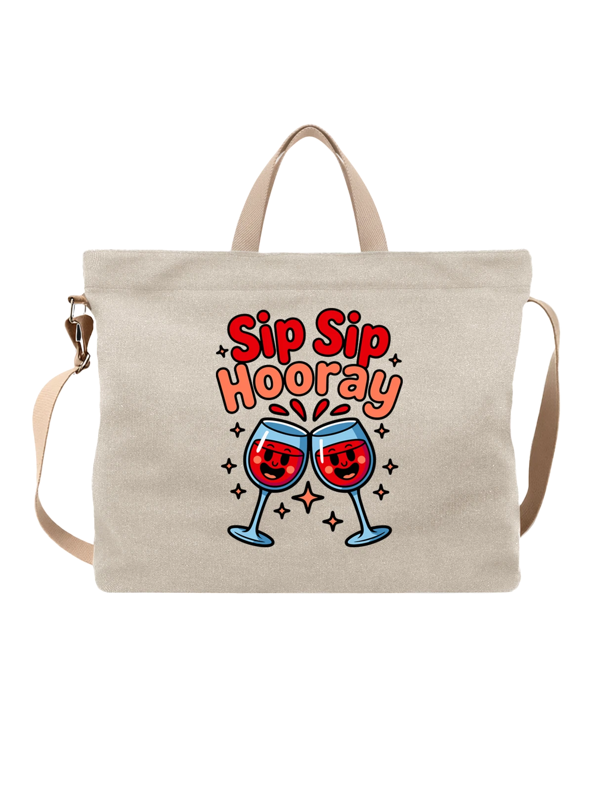 Сумка бежевая с принтом с бокалами вина и надписью Sip Hooray — винный принт — Бежевая, фото 1