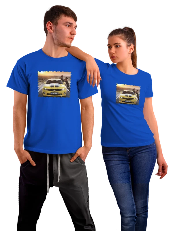 Футболка машина Желтый Chevrolet Camaro — Синяя, фото 1