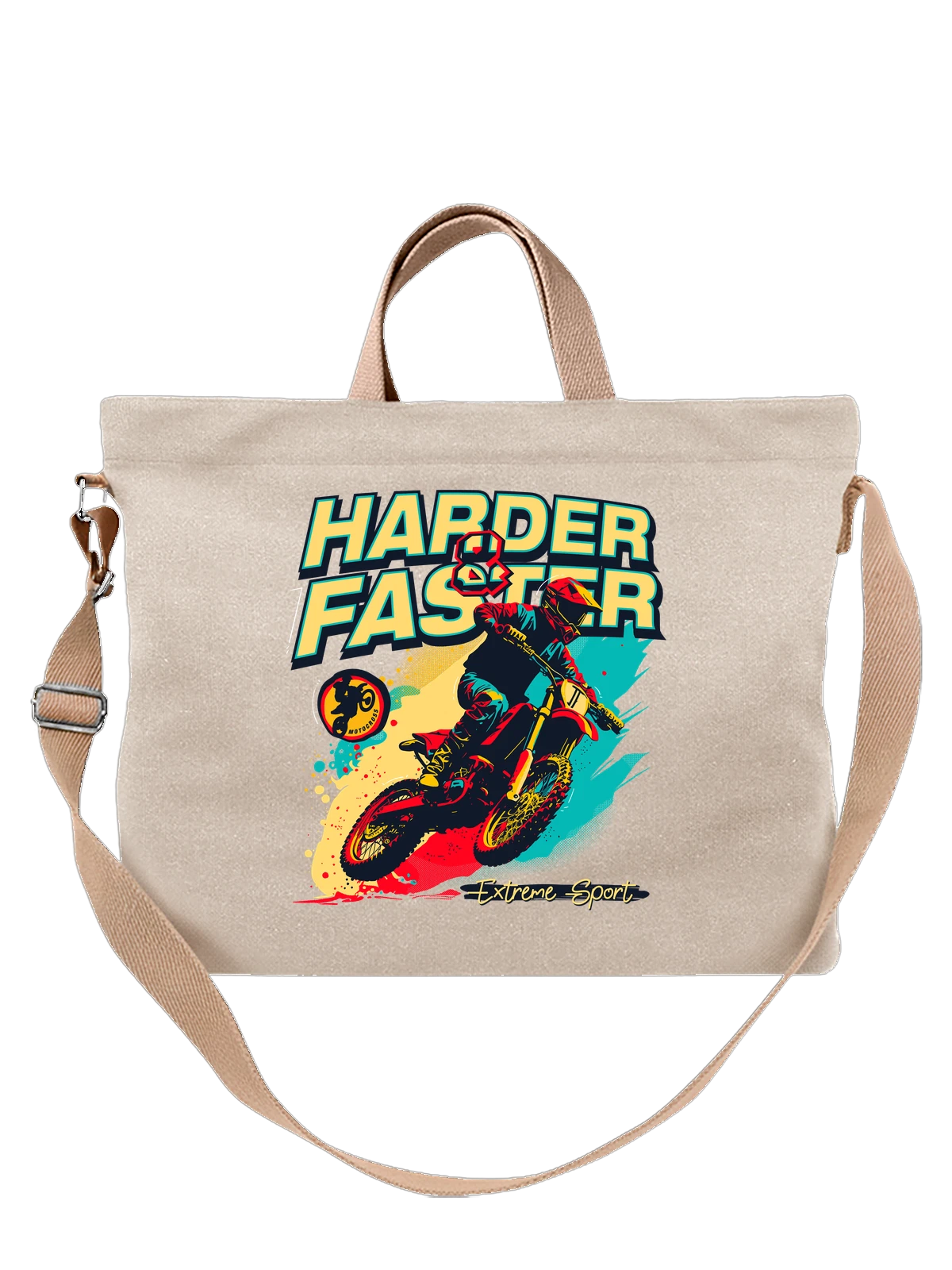 Сумка бежевая с принтом Мотокросс райдер Harder Faster 8 — экстремальный спорт — Бежевая, фото 1