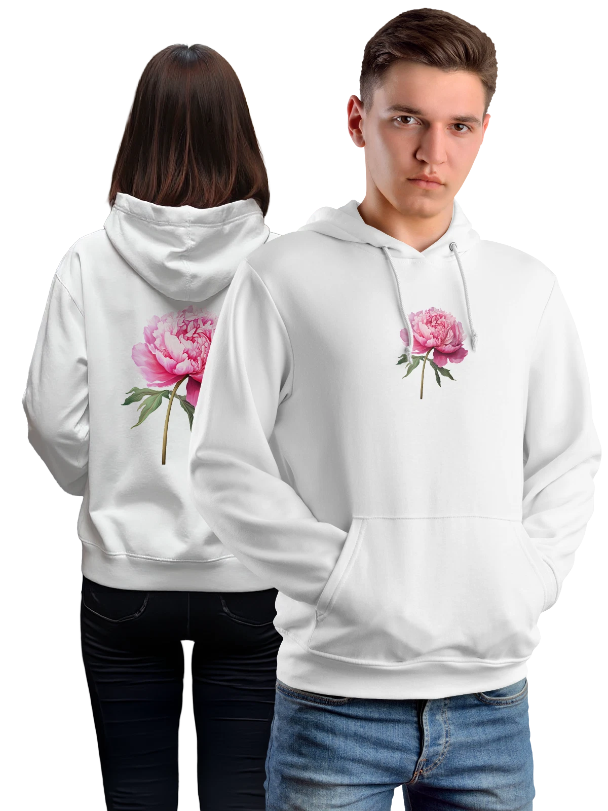 Худи Розовый пион с крупным бутоном белое с принтом — цветочный принт — Белая, фото 1