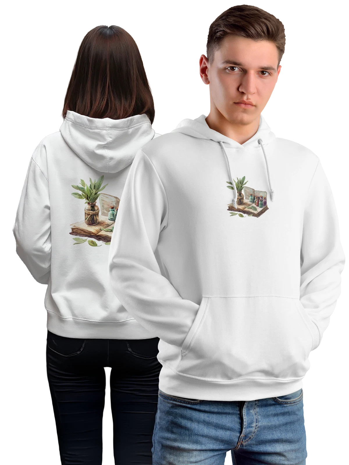 Худи Бутыль с зелеными листьями и книгой флаконы белое с принтом — бумажные страницы — Белая, фото 1