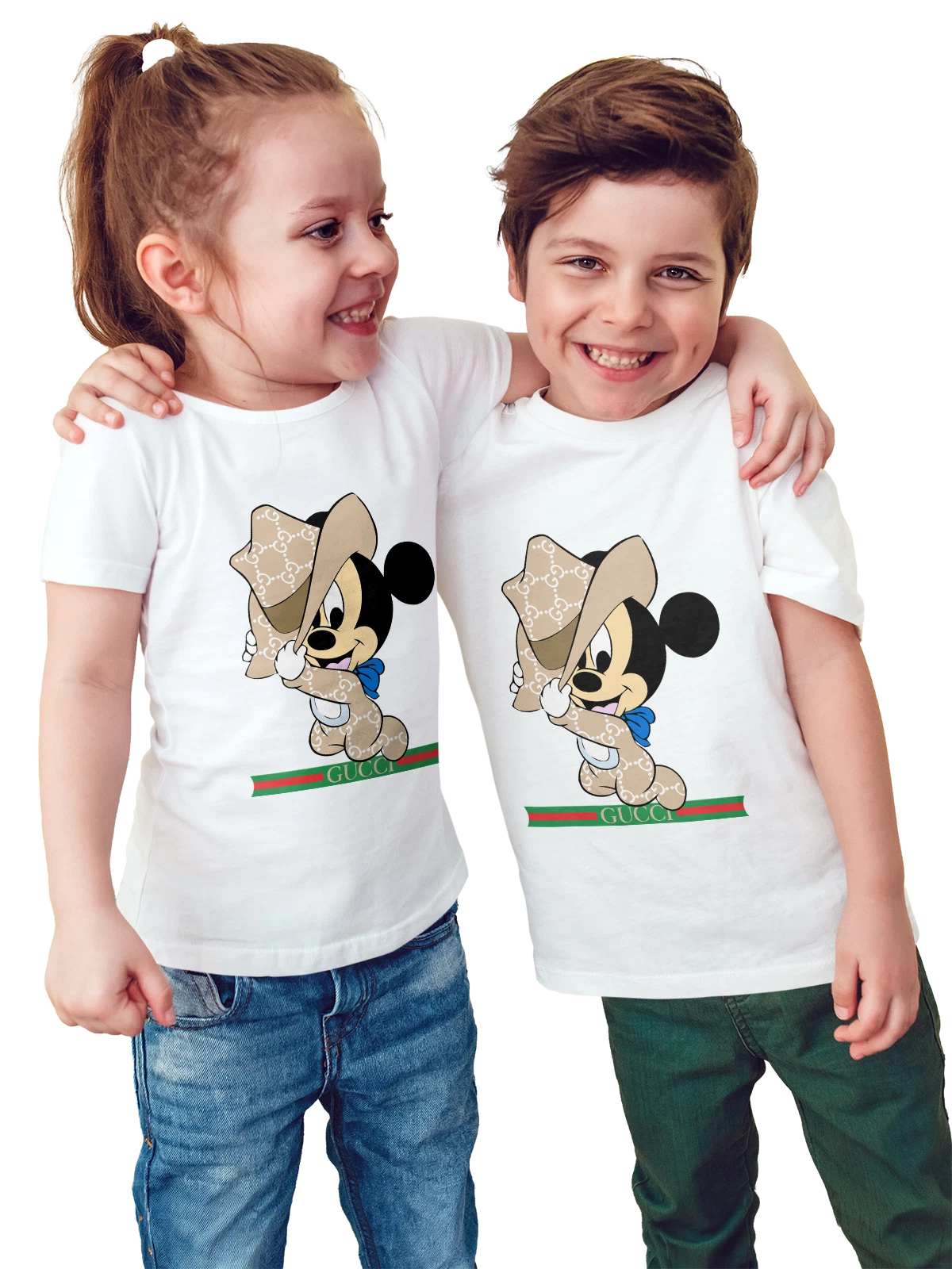 Футболка детская Mickey Mouse Gucci в бежевом узоре белая с принтом — синий бант — Белая, фото 1