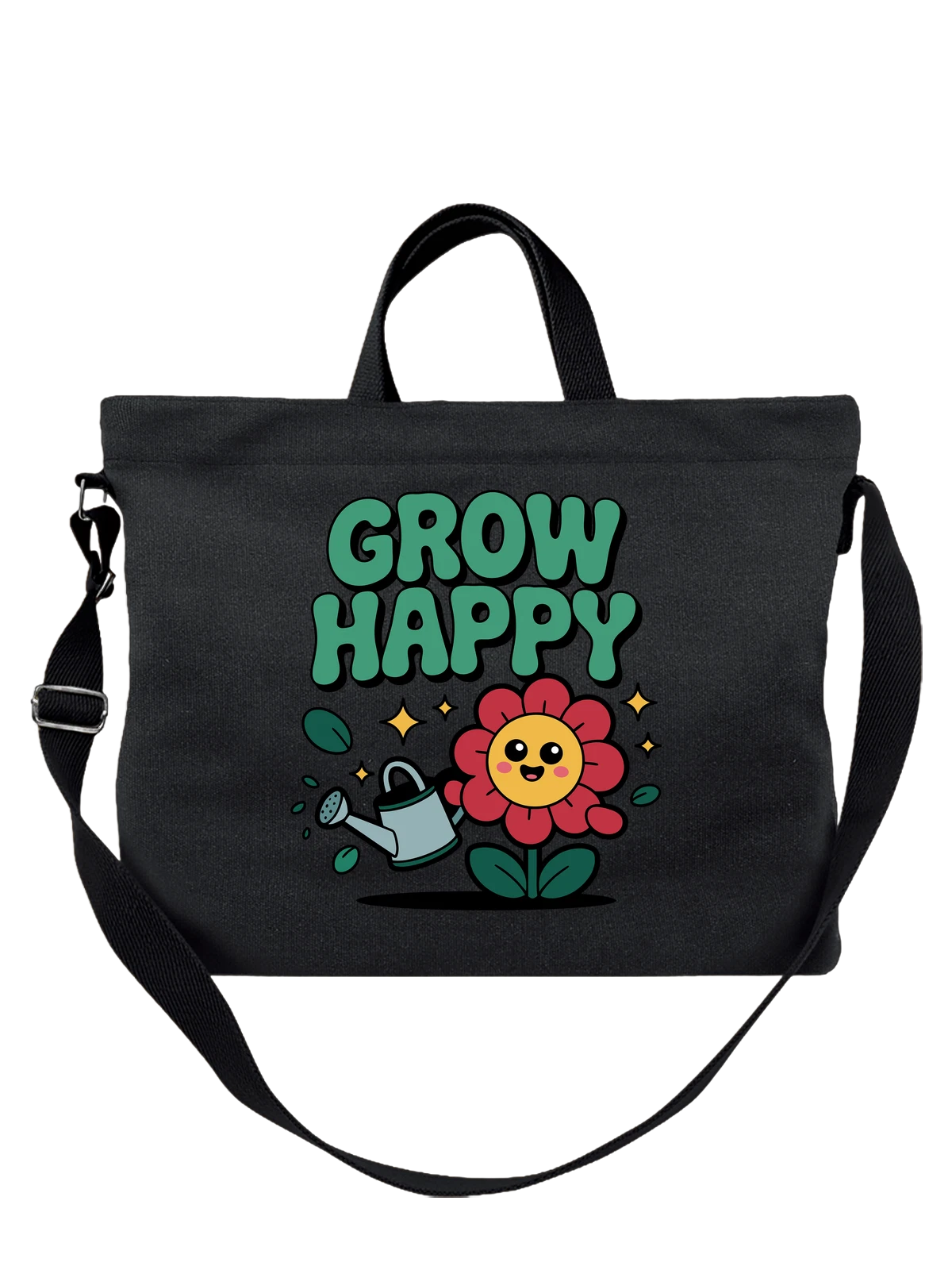 Сумка чёрная с принтом Цветок с лейкой и надписью Grow Happy — полив растений — Чёрная, фото 1