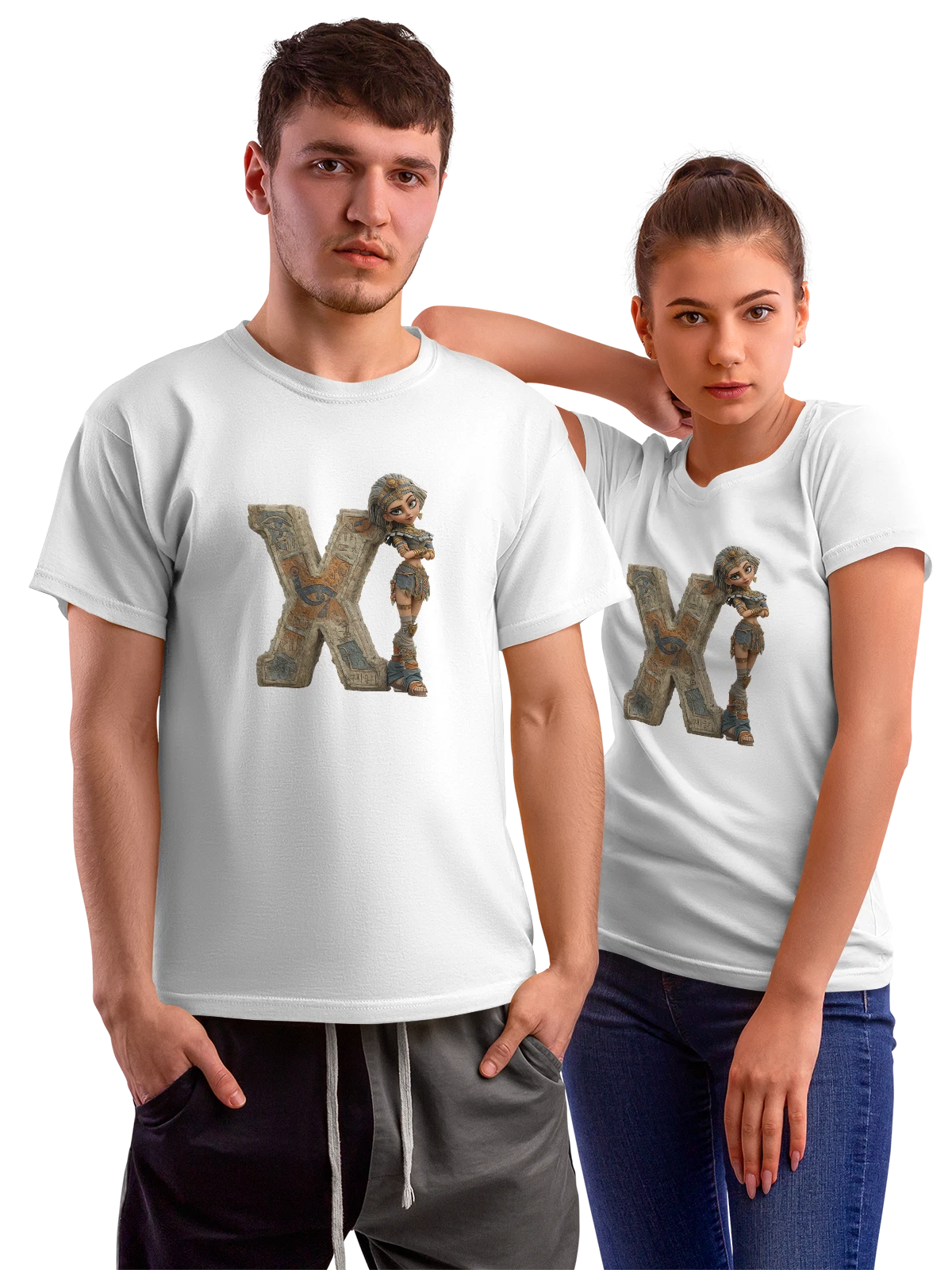 Футболка Египетская девушка и каменная буква X белая с принтом — древнеегипетский персонаж — Белая, фото 1