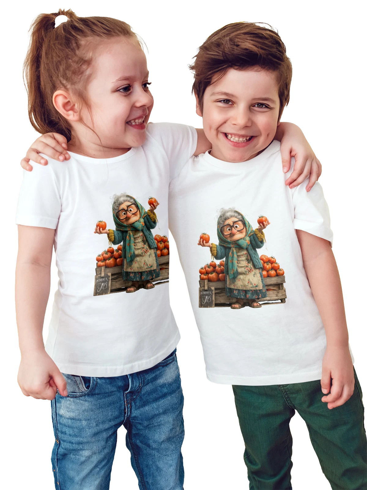 Футболка детская Бабушка с помидорами в очках и платке белая с принтом — рынок — Белая, фото 1