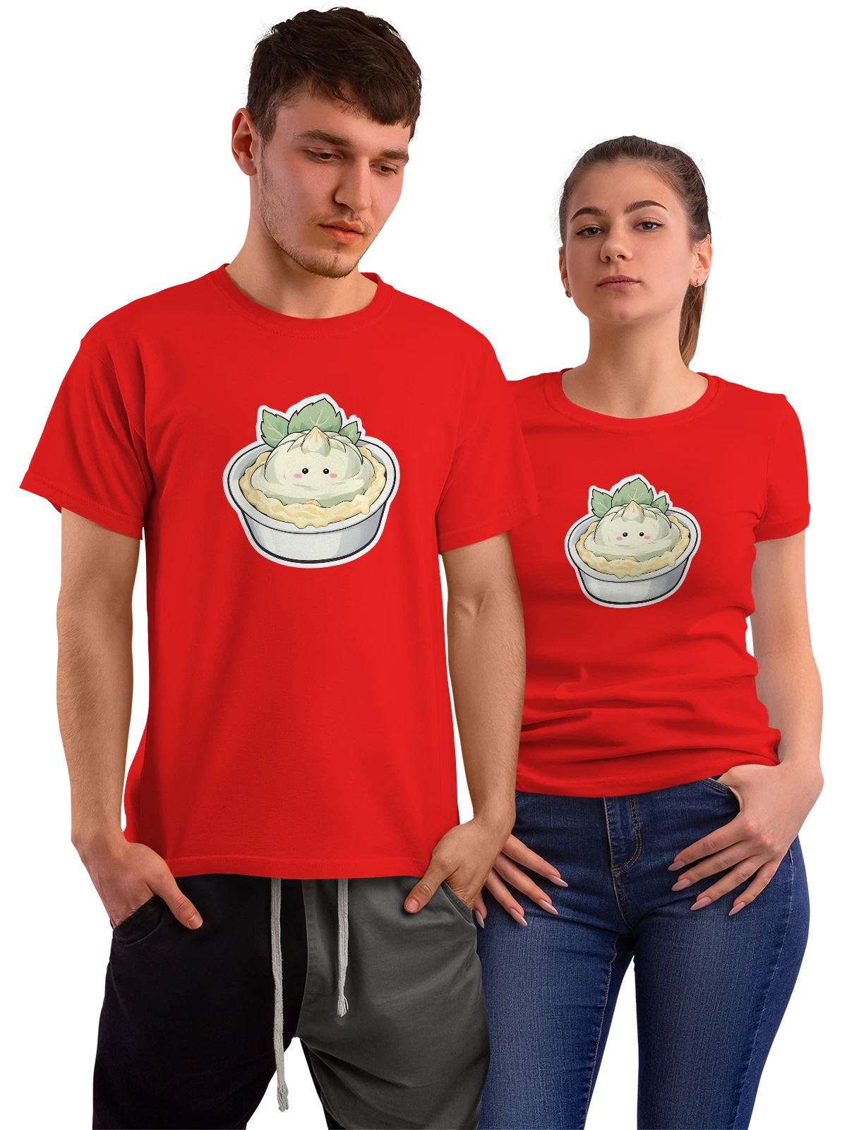 Футболка Милый рисовый пудинг в чашке с листьями красная с принтом — kawaii food — Красная, фото 1