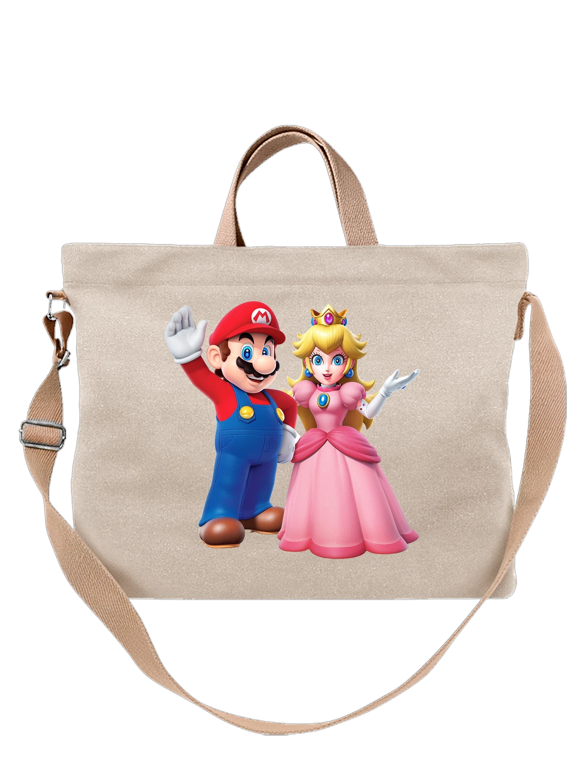 Сумка бежевая с принтом Марио и принцесса Пич Nintendo — мультяшный стиль — Бежевая, фото 1