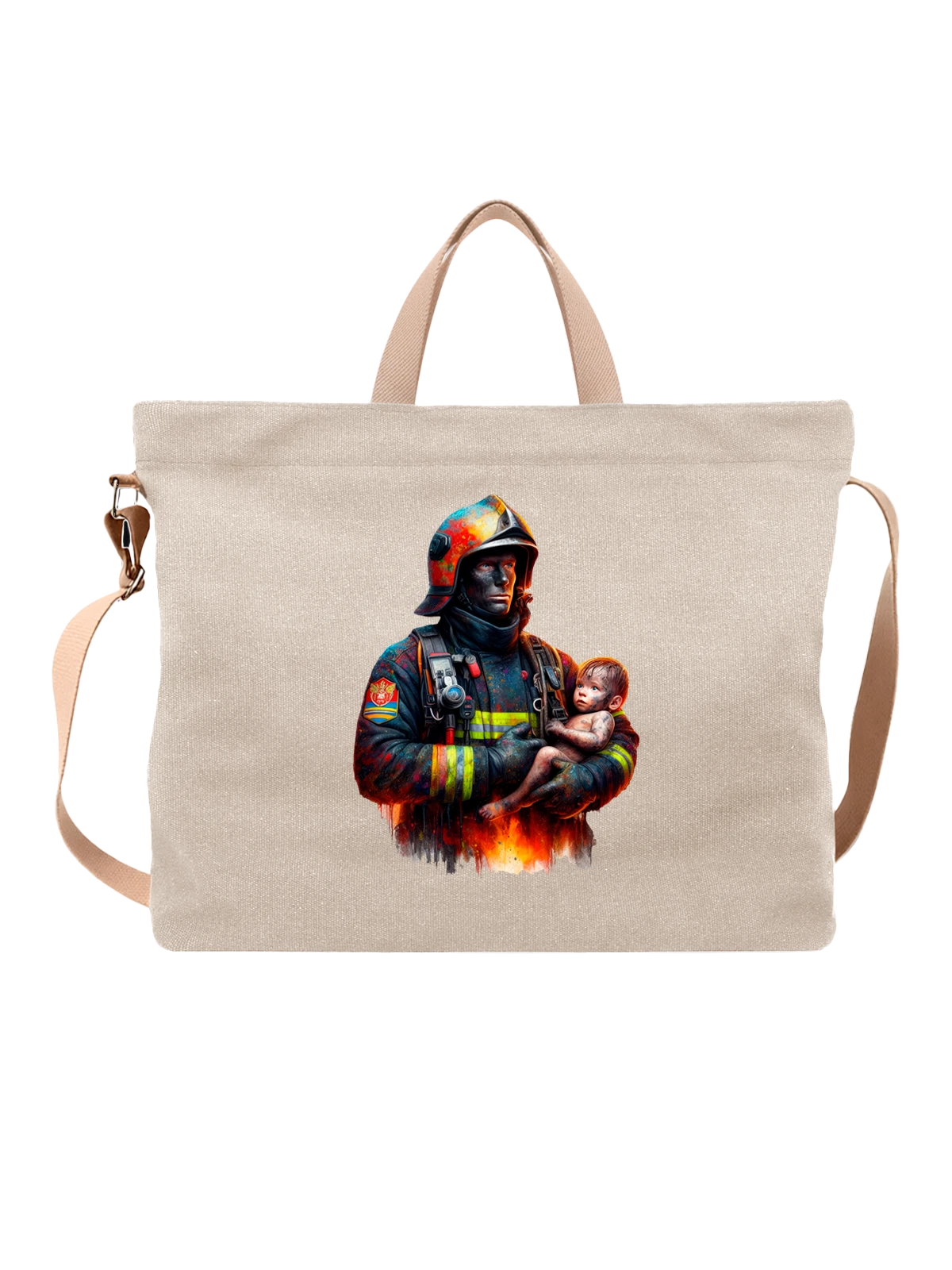 Сумка с пожарником белая с принтом — streetwear футболка — Белая, фото 1