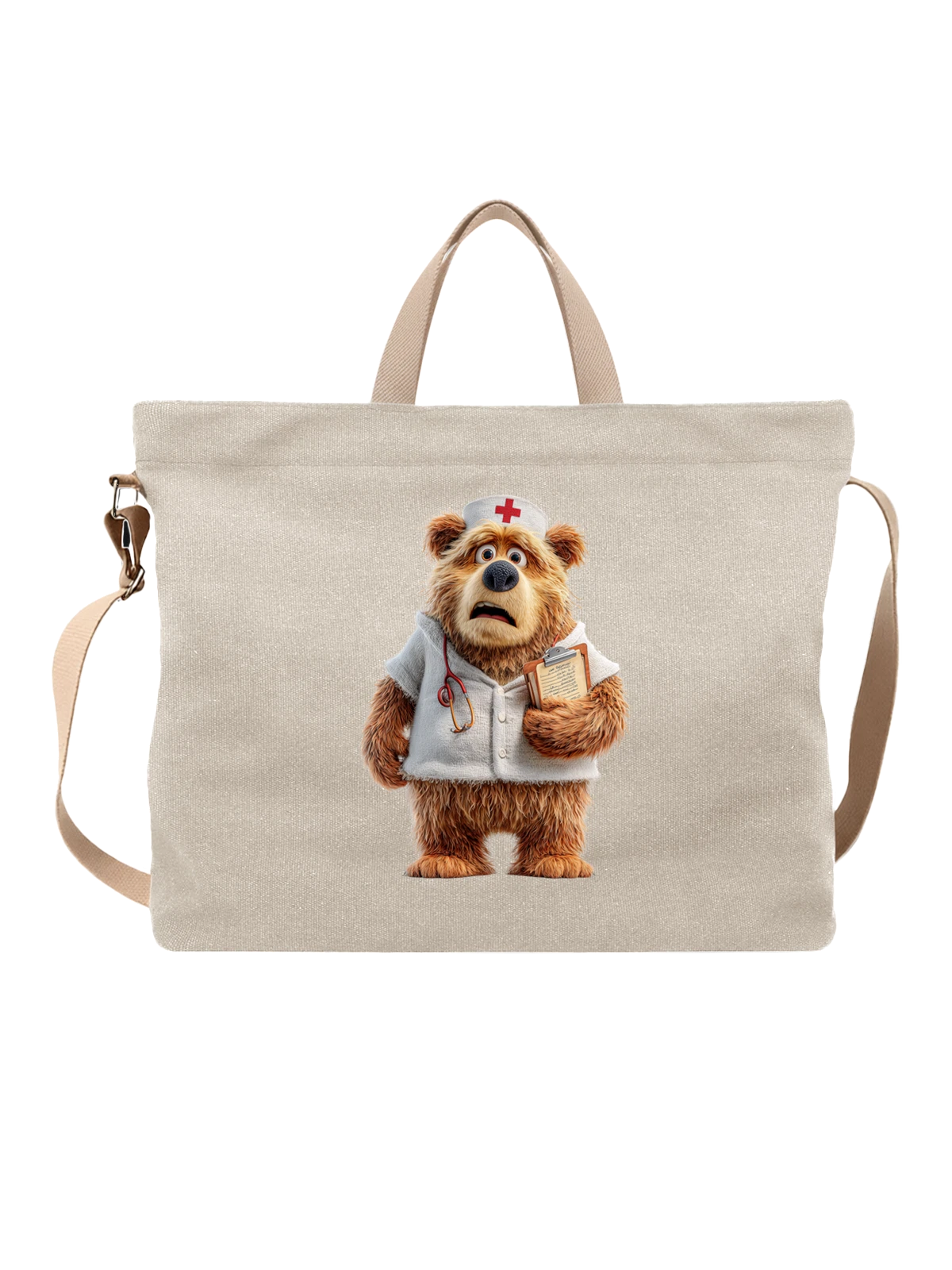 Сумка бежевая с принтом Коричневый медведь доктор с клипбордом — plush bear — Бежевая, фото 1