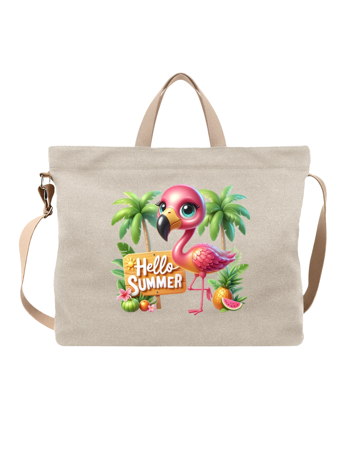 Сумка бежевая с принтом Розовый фламинго Hello Summer с пальмами — тропические фрукты — Бежевая, фото 1