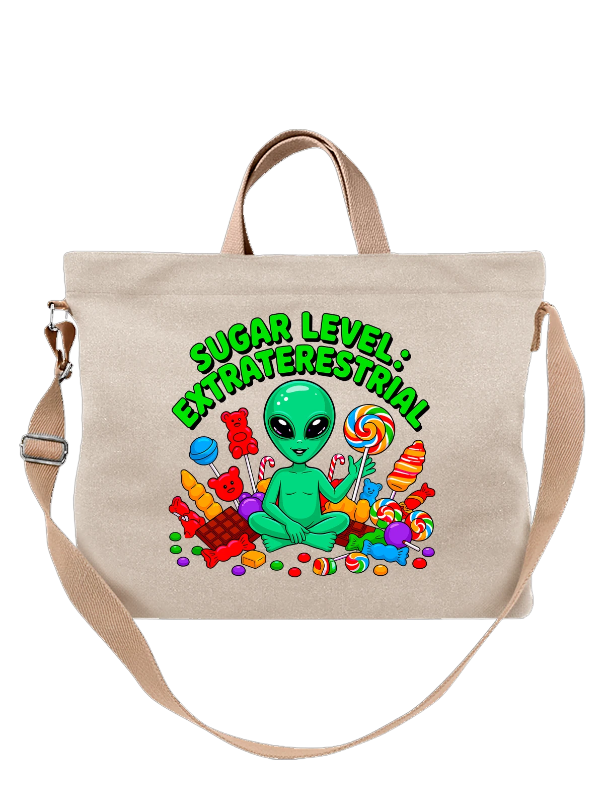 Сумка бежевая с принтом Green alien с леденцами и сладостями — карамельные палочки — Бежевая, фото 1