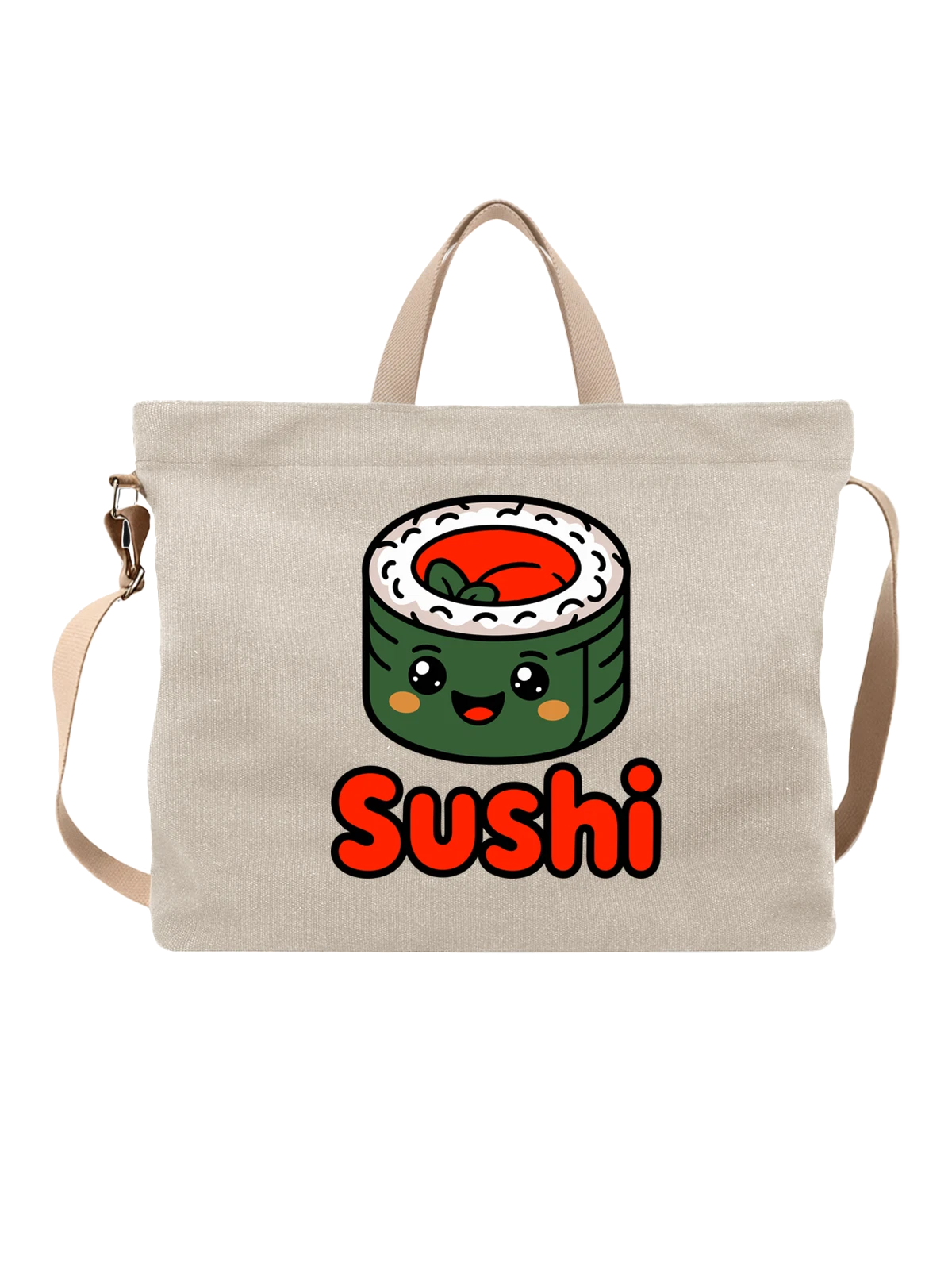 Сумка бежевая с принтом с милым роллом суши и надписью Sushi — аниме стиль — Бежевая, фото 1