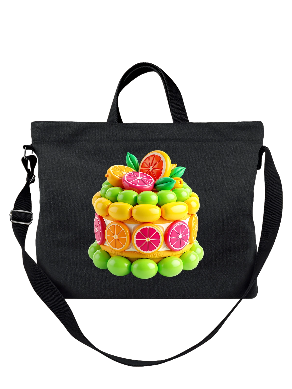 Сумка с ярким citrus layer cake и цитрусами чёрная с принтом — citrus fruit — Чёрная, фото 1