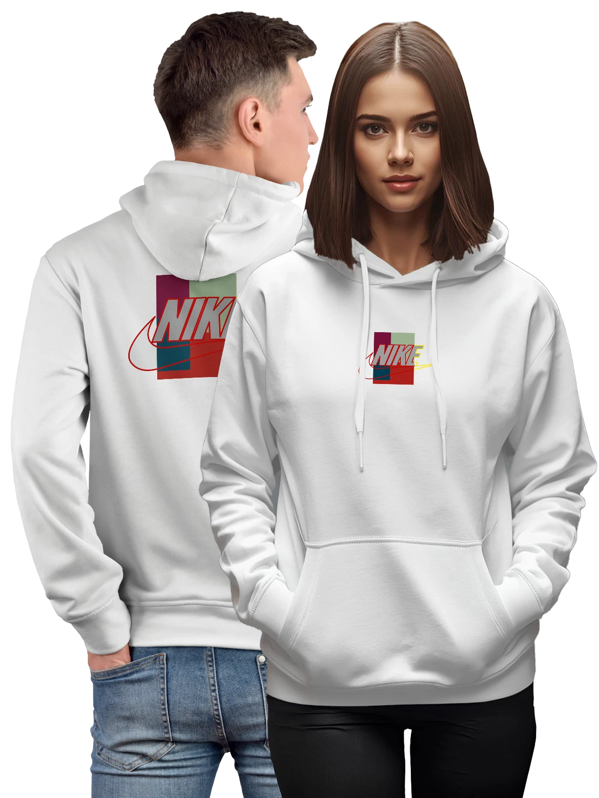 Худи Nike белое с принтом — кремовый и бирюзовый фон — Белая, фото 1