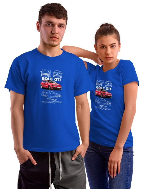 Футболка красный Volkswagen Golf GTI хэтчбек с пальмами и — Синяя, фото 1