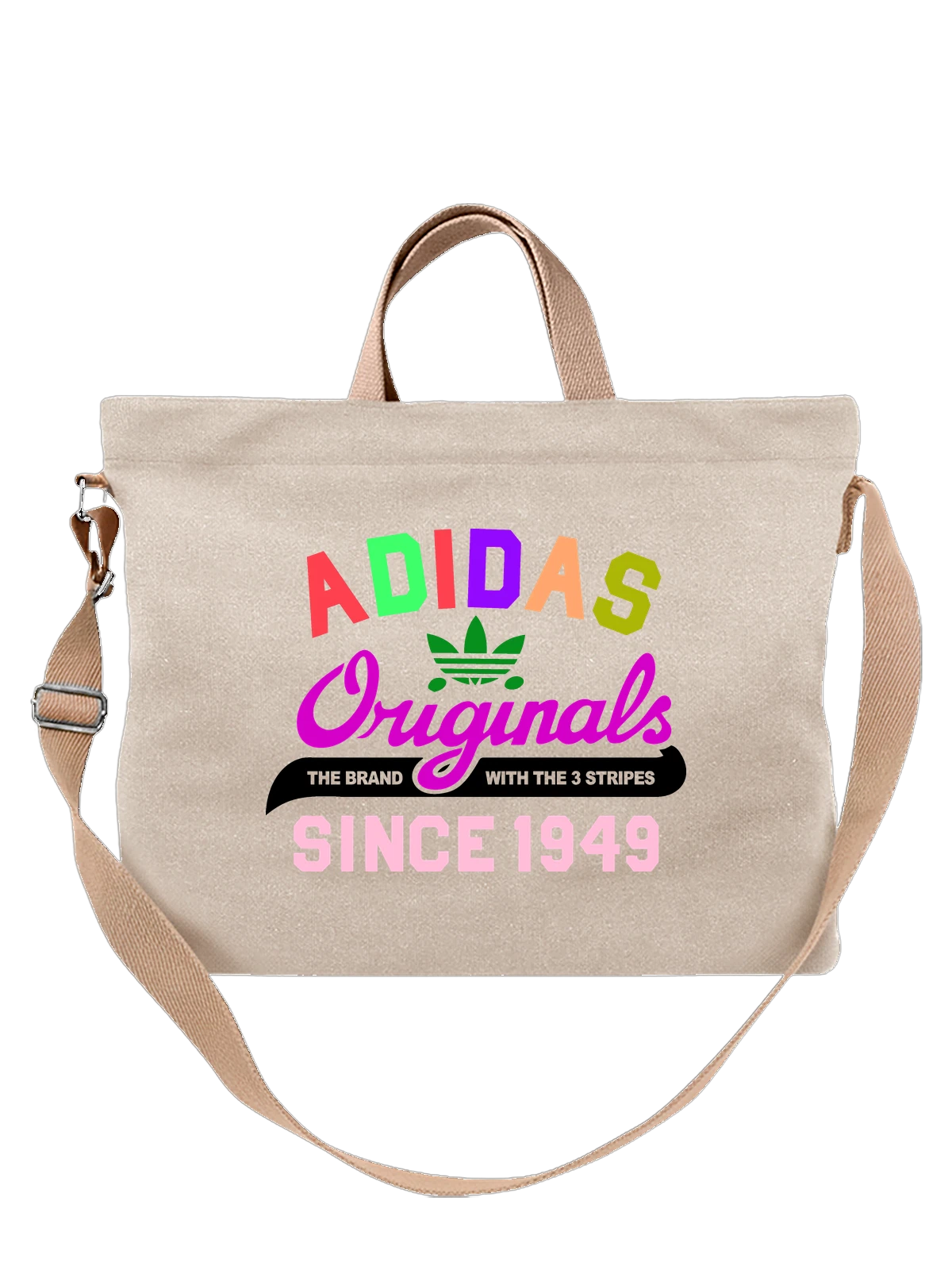 Сумка бежевая с принтом Adidas Originals с цветным логотипом — брендовая иллюстрация — Бежевая, фото 1