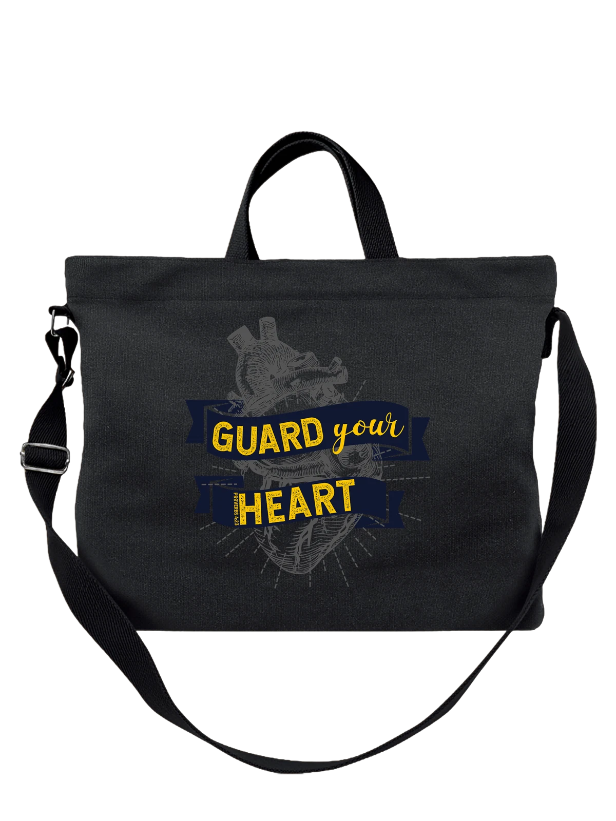 Сумка Библейская надпись Guard Your Heart чёрная с принтом — вдохновляющая фраза — Чёрная, фото 1