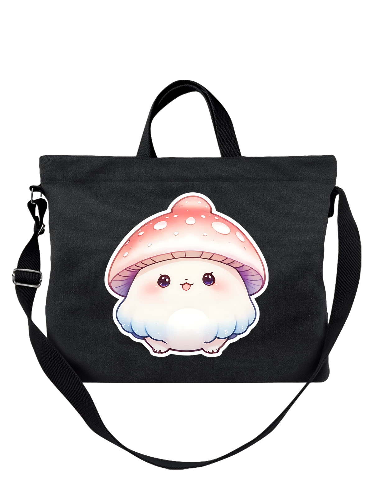 Сумка чёрная с принтом Милый гриб с белой шляпкой и мордочкой — cute mushroom — Чёрная, фото 1