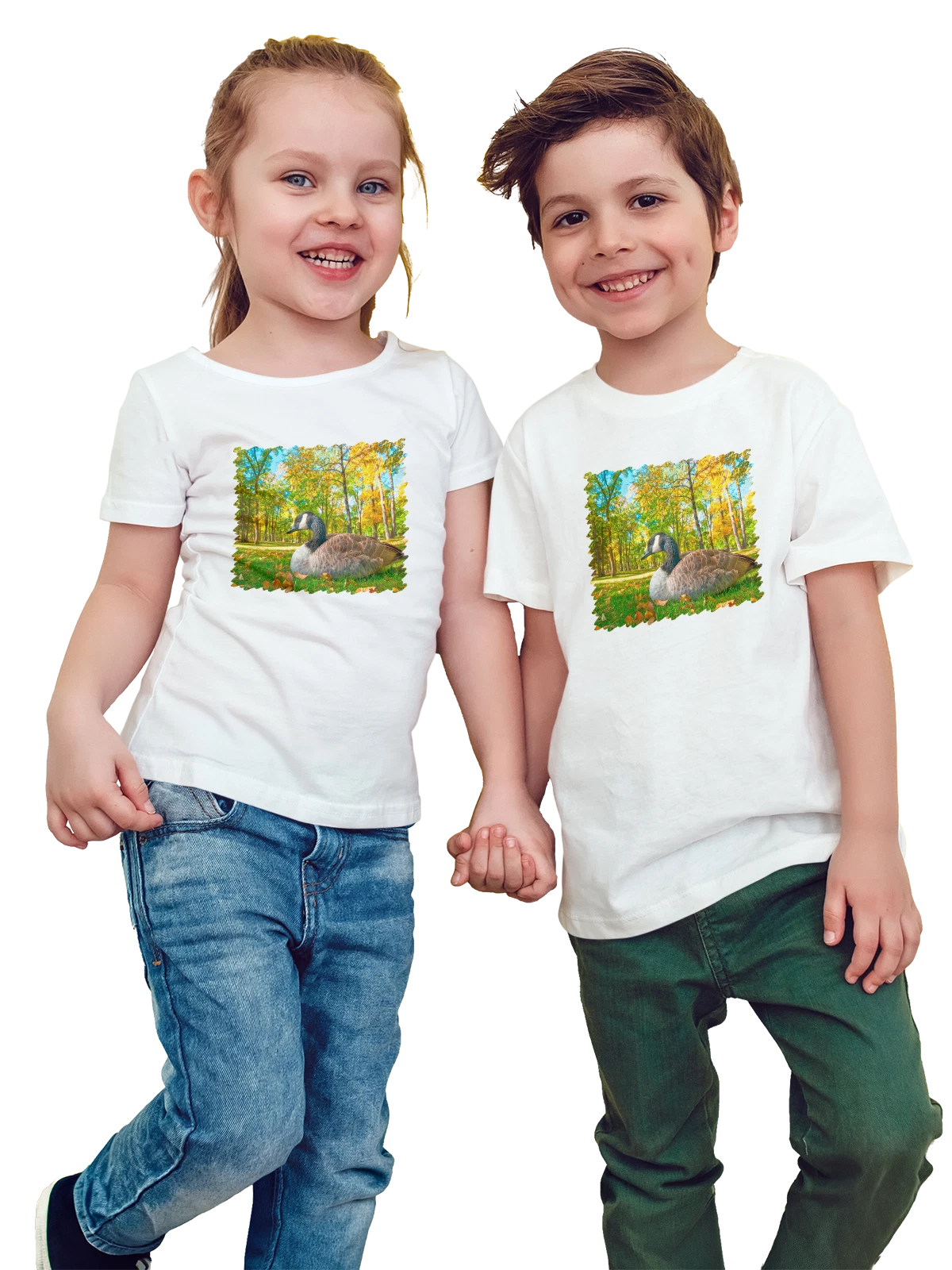 Футболка детская Рыбы и Птицы трава птица осень парк гусь белая с принтом — портрет животного — Белая, фото 1