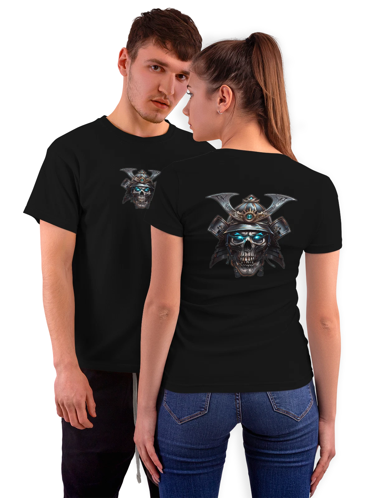 Футболка Самурайский череп в японском шлеме с маской чёрная с принтом на спине — фэнтези воин — Чёрная, фото 1