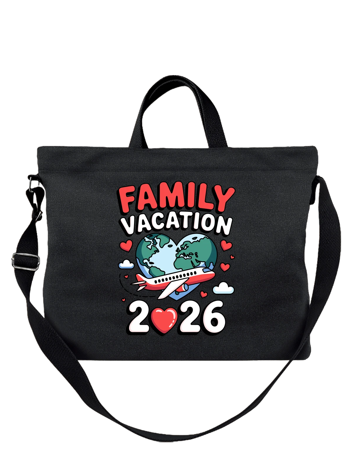 Сумка чёрная с принтом Family Vacation с самолетом и сердцем — перелет — Чёрная, фото 1