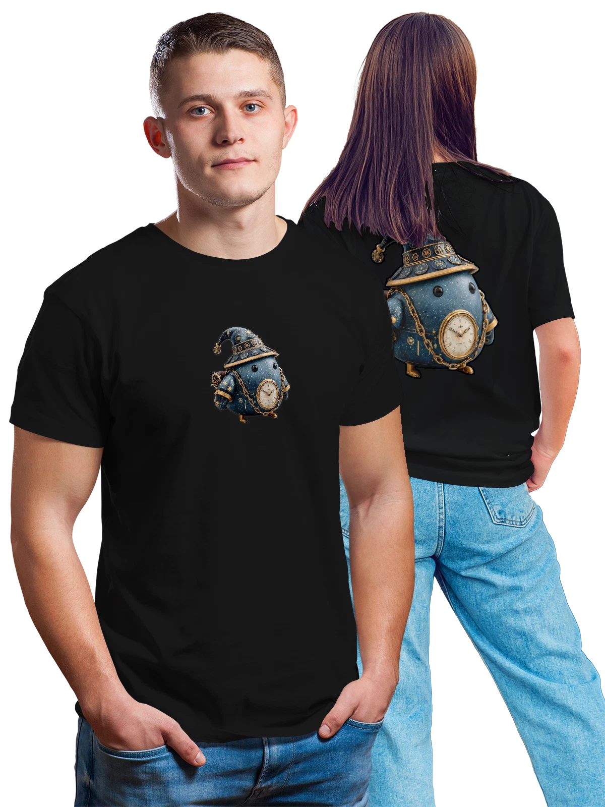Футболка с гномом в шляпе и золотыми часами чёрная с принтом на спине — карманные часы — Чёрная, фото 1