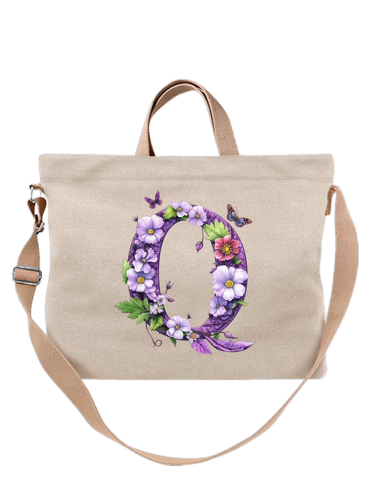 Сумка бежевая с принтом Фиолетовый венок с цветами и бабочками — floral design — Бежевая, фото 1