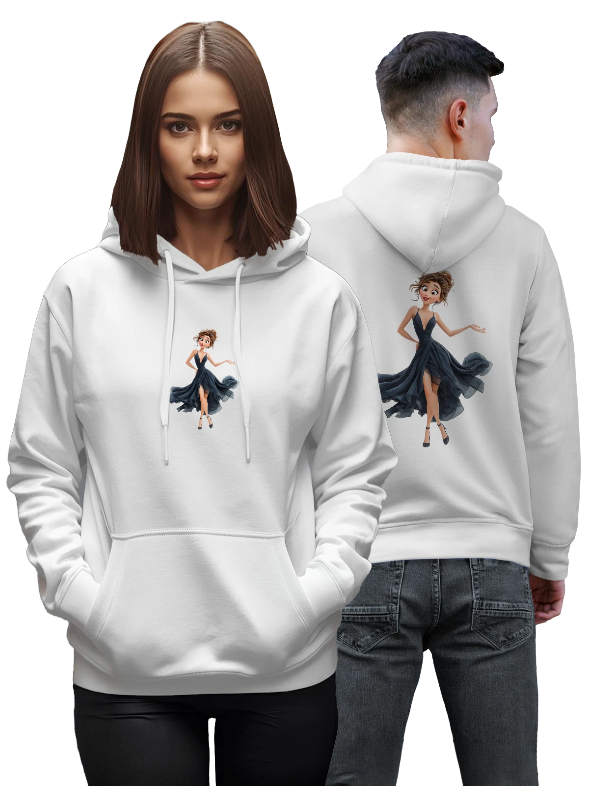 Худи Мультяшная девушка в черном платье белое с принтом — elegant pose — Белая, фото 1