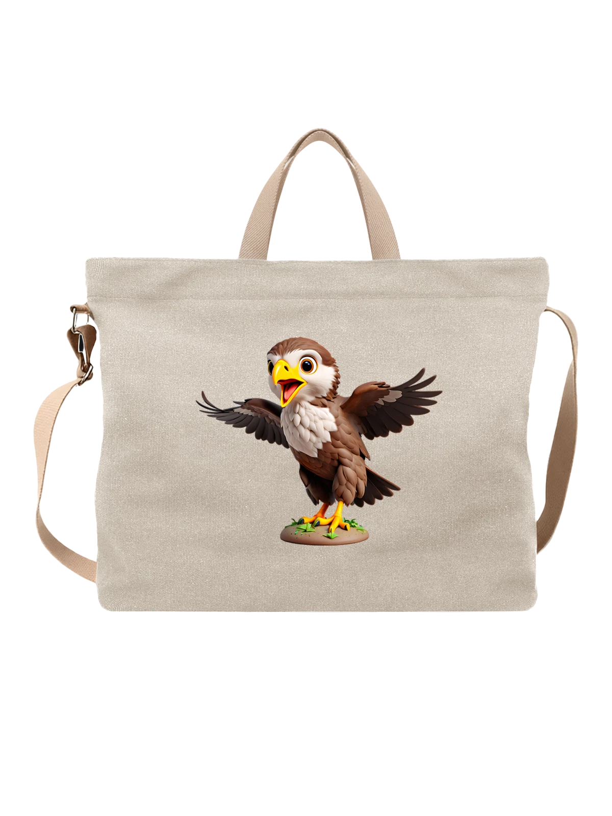 Сумка бежевая с принтом Мультяшный орел с раскрытыми крыльями — cartoon eagle — Бежевая, фото 1