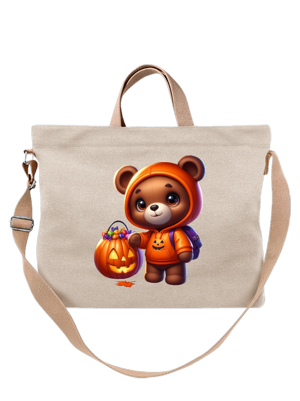 Сумка Bear в оранжевой худи с тыквой белая с принтом — jack-o'-lantern — Белая, фото 1