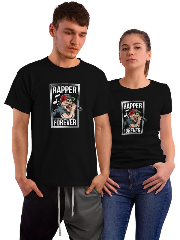 Футболка Скелет рэпер с микрофоном и кепкой RAPPER — Чёрная, фото 1