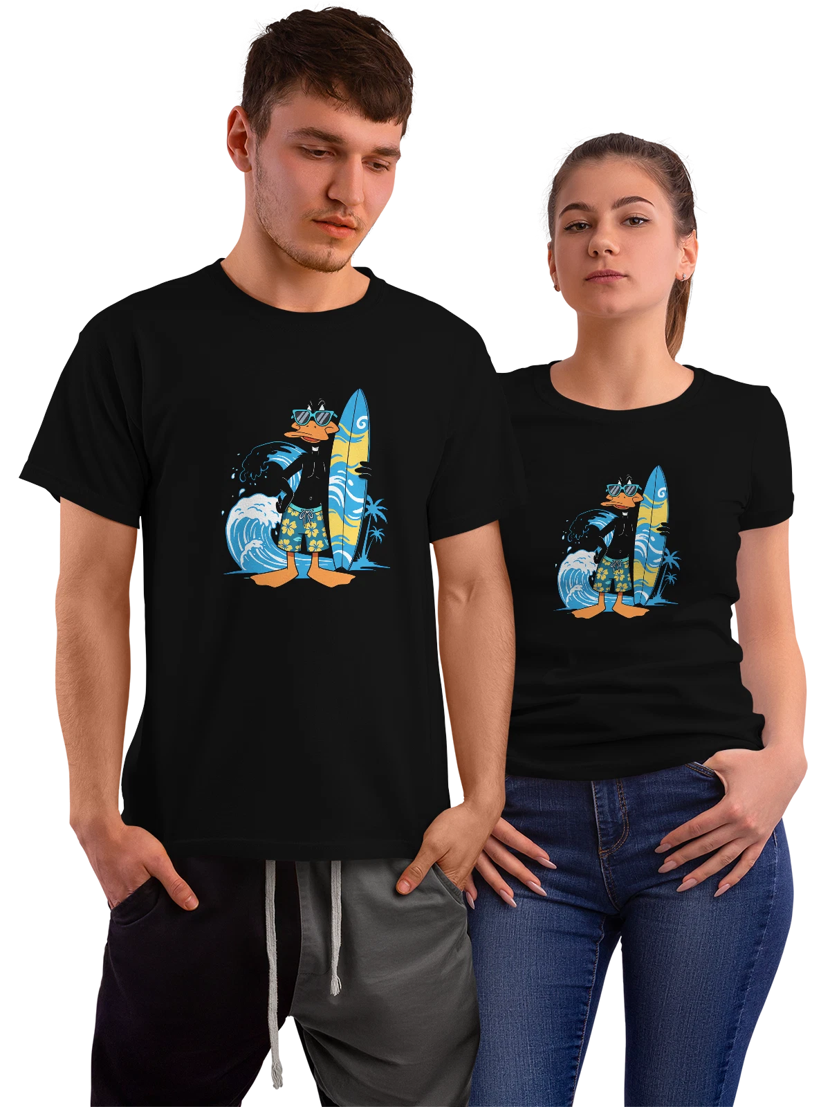 Футболка Утка-серфер Surf Duck мультфильм пляжный чёрная с принтом — пляжный отдых — Чёрная, фото 1