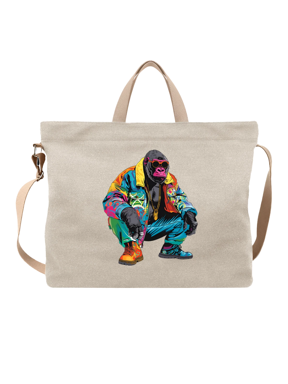 Сумка бежевая с принтом Горилла в ярком streetwear и очках — кеды — Бежевая, фото 1