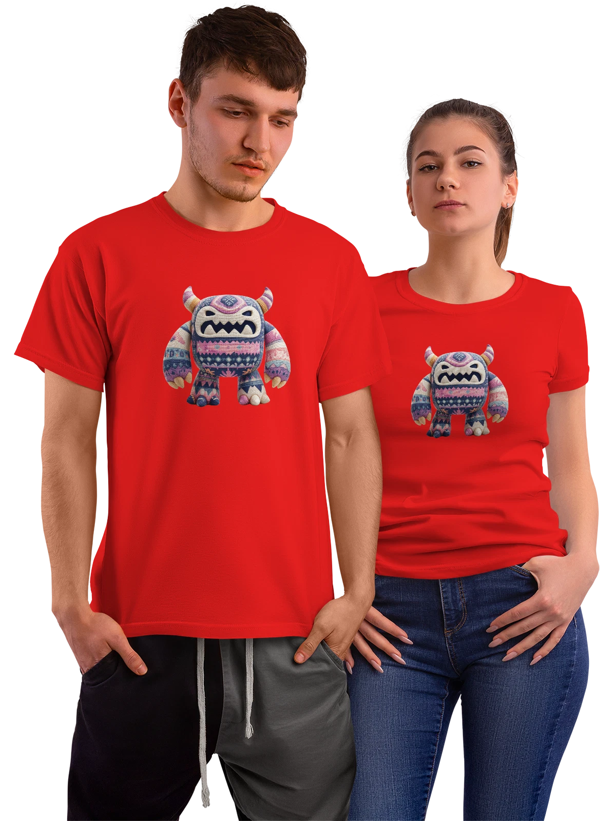 Футболка Игрушечный монстр с клыками и рогами красная с принтом — этнический узор — Красная, фото 1