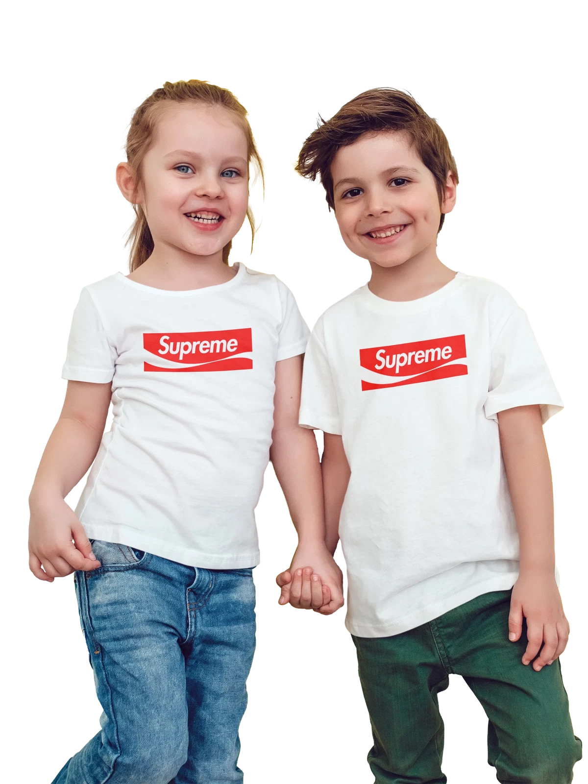 Футболка детская Supreme белая с принтом — контрастный логотип — Белая, фото 1