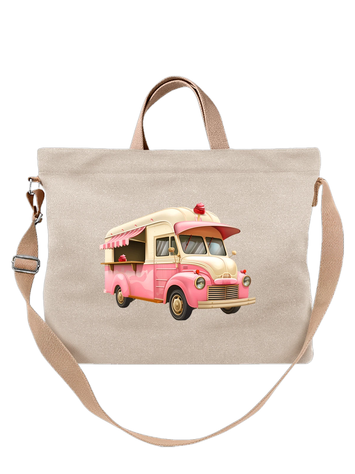 Сумка Ретро pink ice cream truck с мороженым белая с принтом — винтажный фургон-мороженое — Белая, фото 1