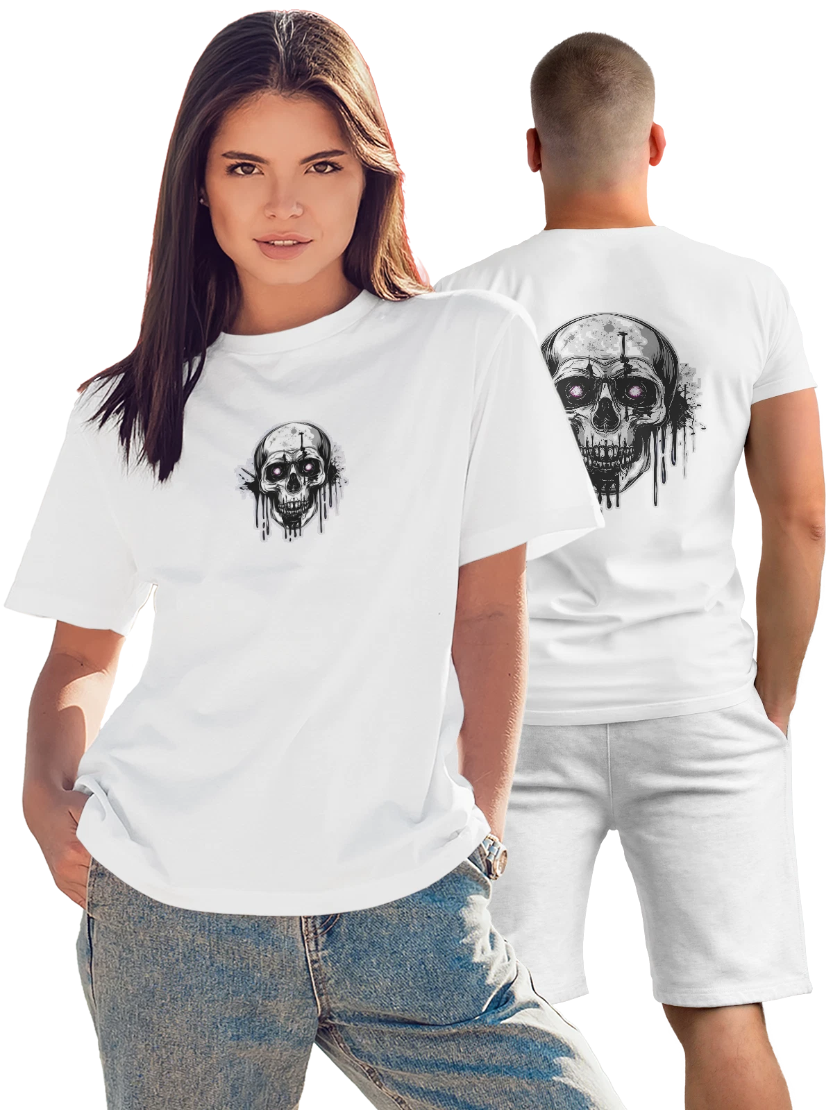 Футболка Череп с кровавыми потёками и розовыми глазами белая с принтом на спине — ужас — Белая, фото 1