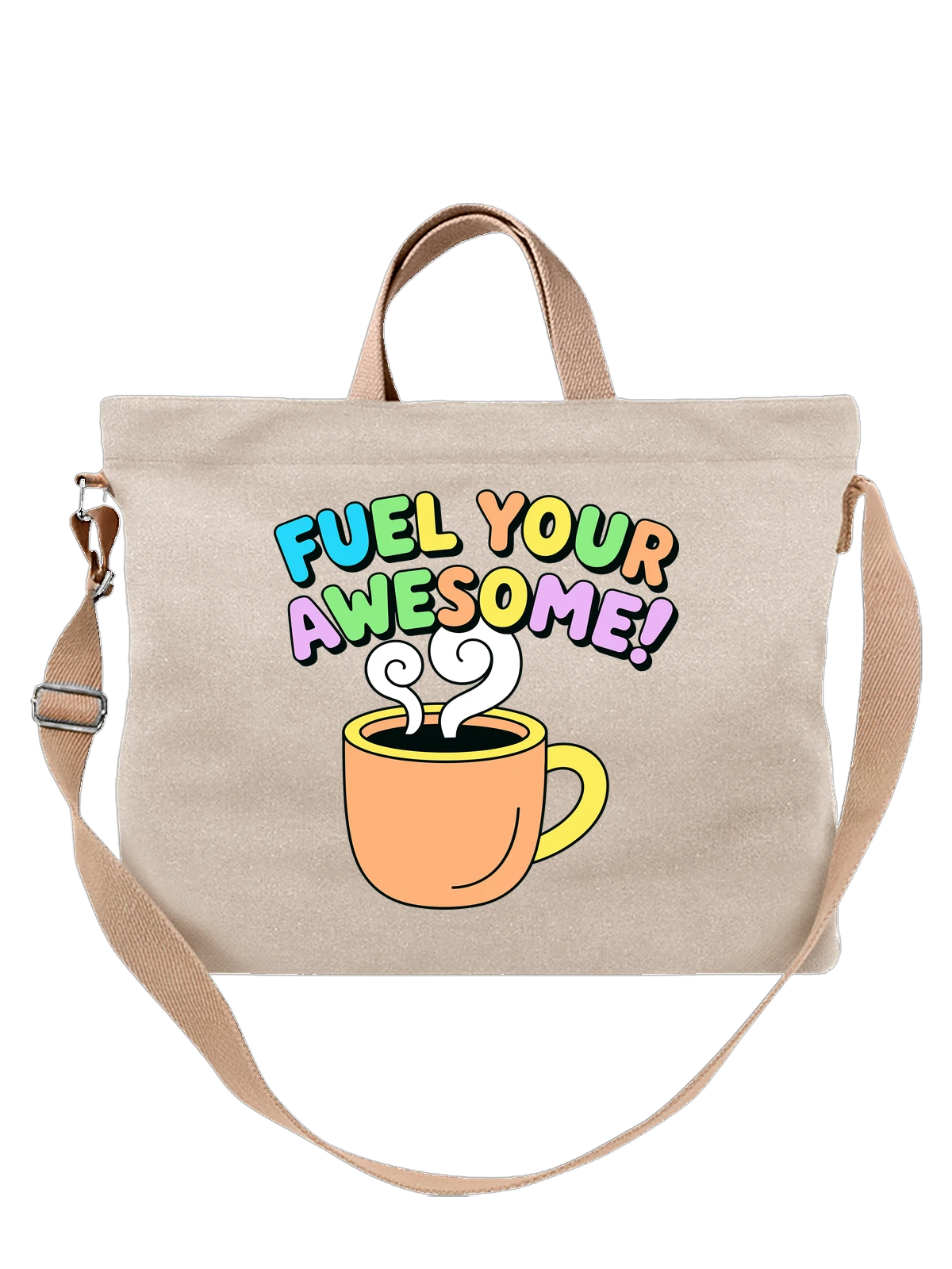 Сумка бежевая с принтом с чашкой и надписью Fuel Your Awesome — забавная иллюстрация — Бежевая, фото 1