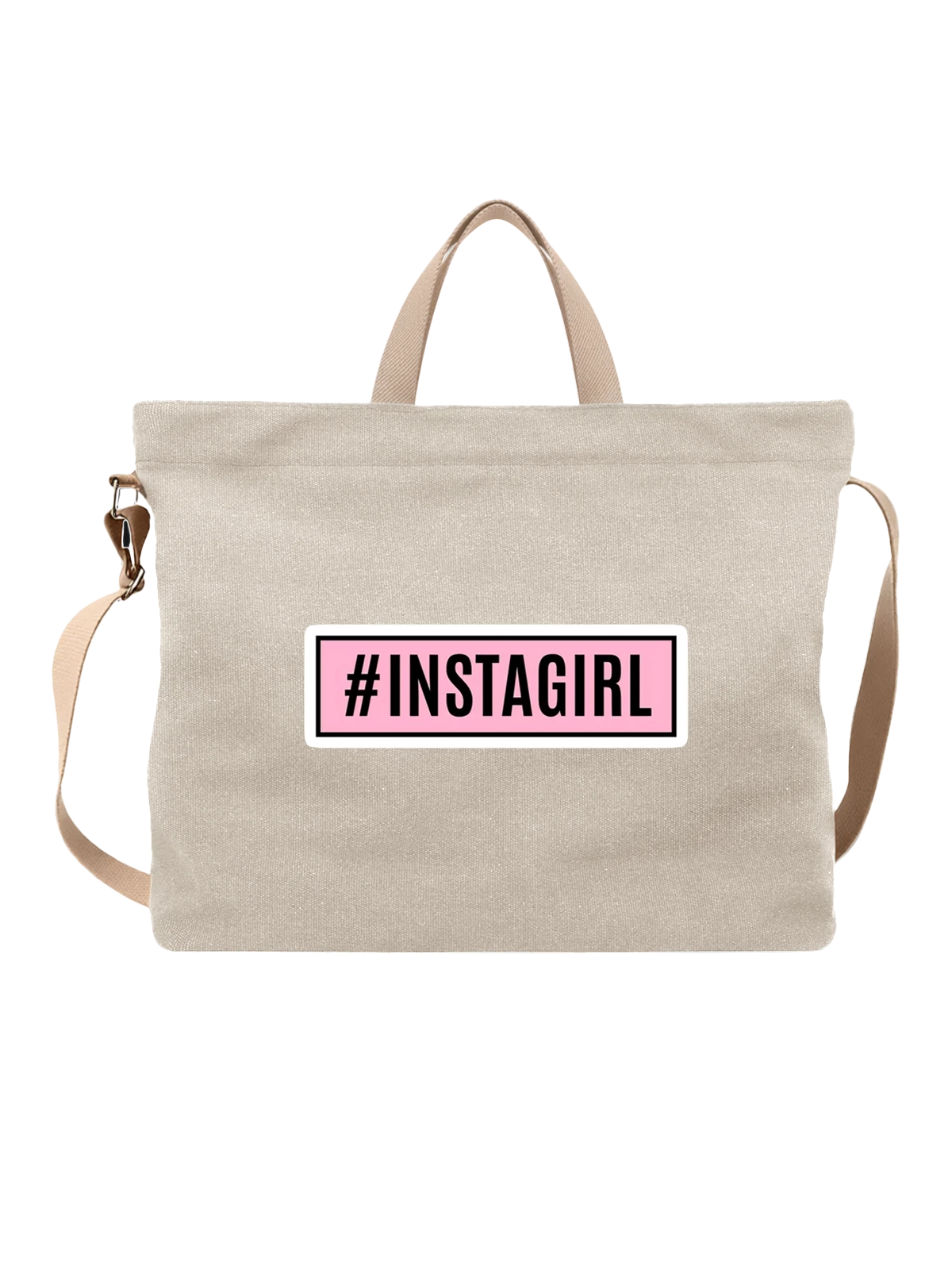 Сумка бежевая с принтом с надписью INSTAGIRL на розовом фоне — рамка — Бежевая, фото 1