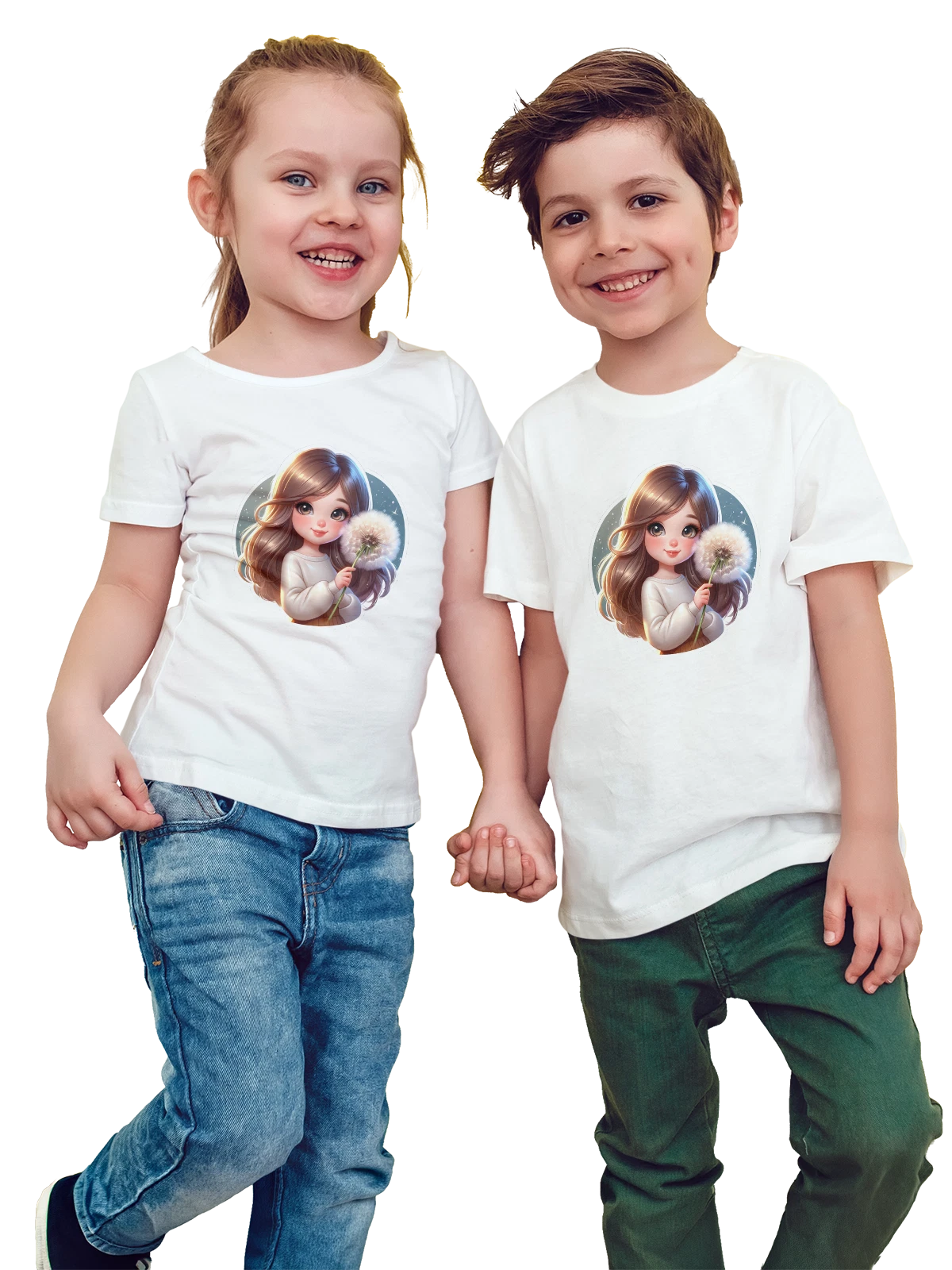 Футболка детская Милая девочка с одуванчиком в руках белая с принтом — нежная улыбка — Белая, фото 1