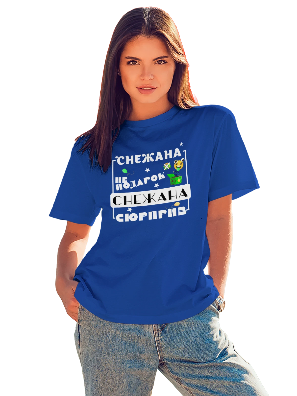 Футболка Имя Снежана синяя с принтом — подарок человеку по имени — Синяя, фото 1