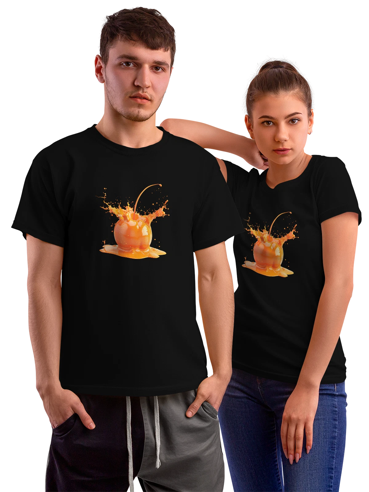 Футболка Апельсиновый сок в брызгах и чаше чёрная с принтом — разлив — Чёрная, фото 1