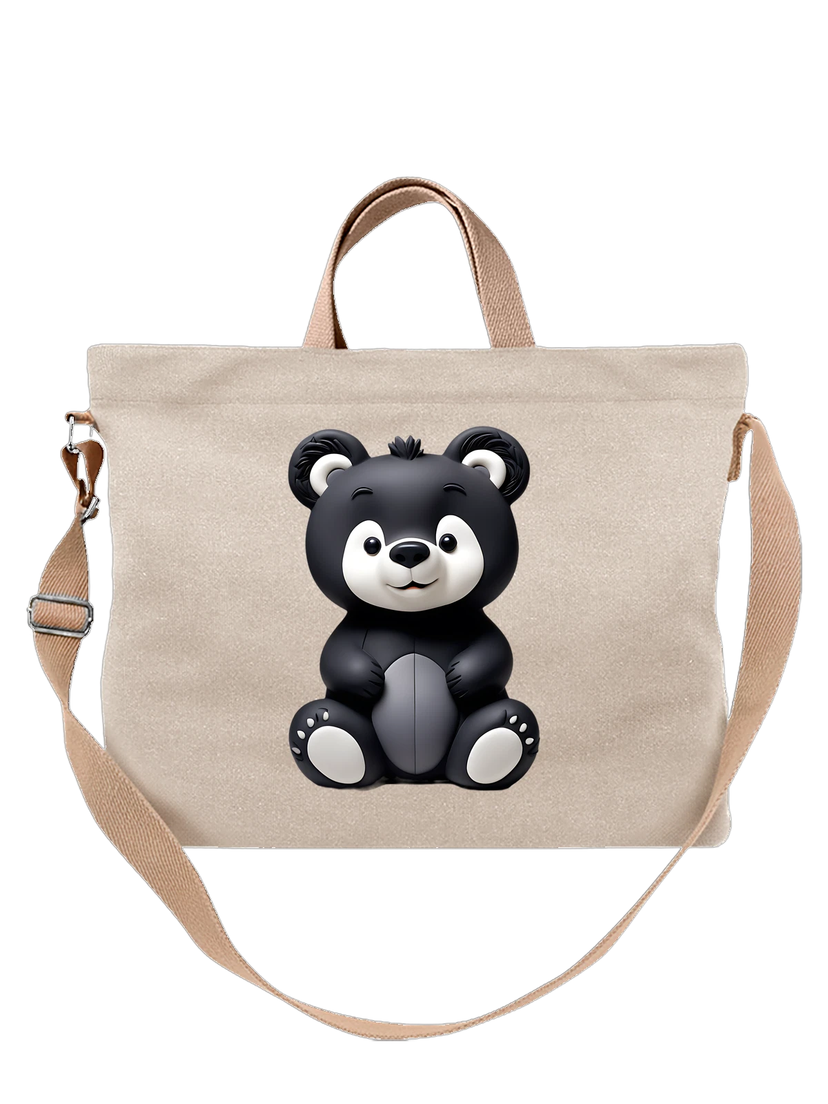 Сумка бежевая с принтом Милый черный медвежонок с белой мордой — kawaii bear — Бежевая, фото 1