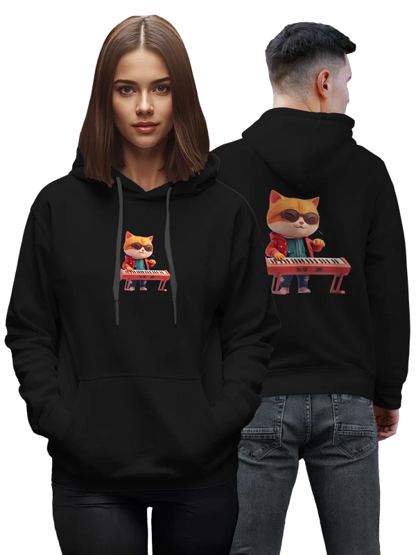 Худи orange tabby cat музыкант у синтезатора — Чёрная, фото 1