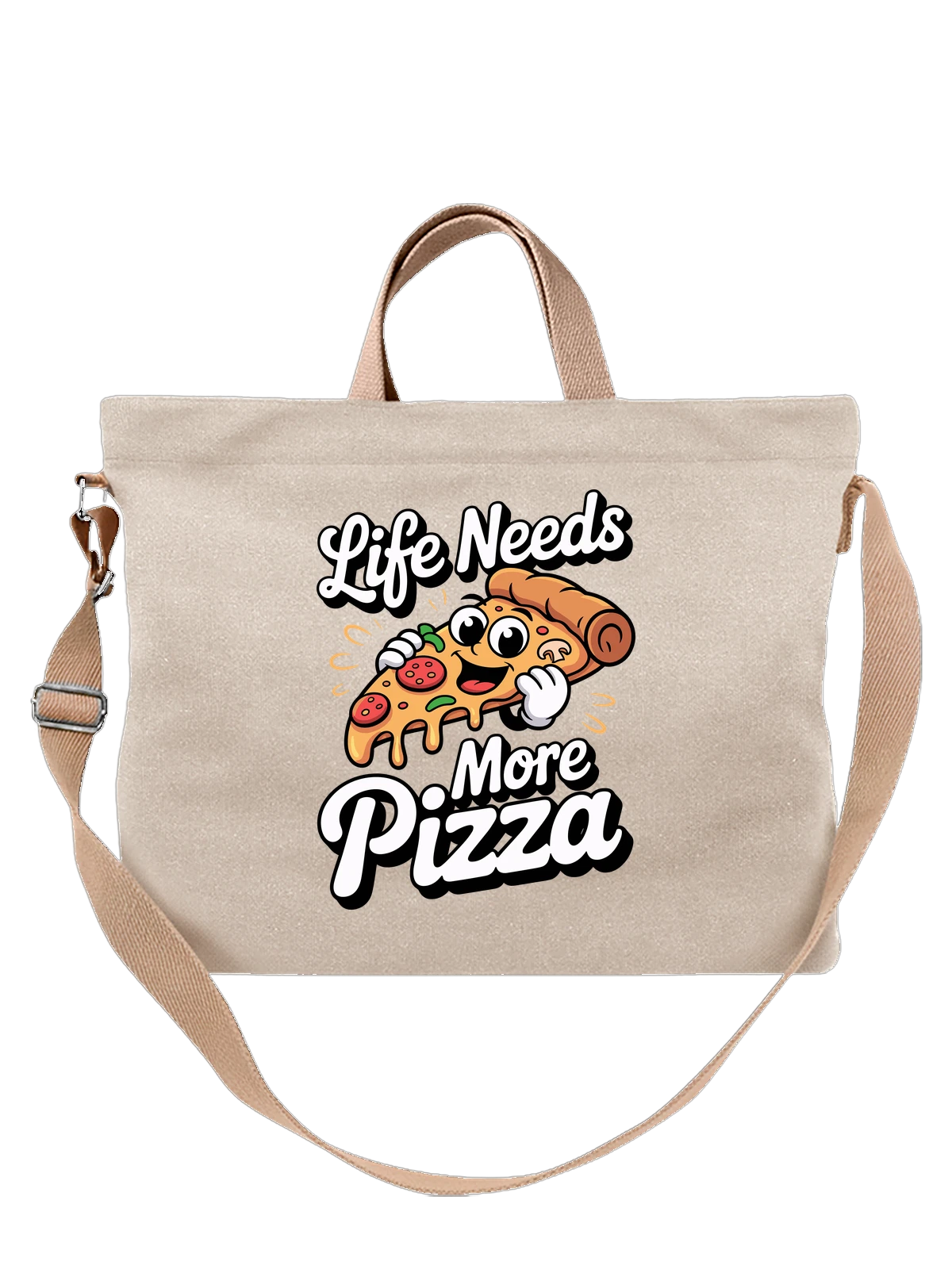 Сумка бежевая с принтом с мультяшным куском пиццы и Life Needs More — smiling pizza — Бежевая, фото 1