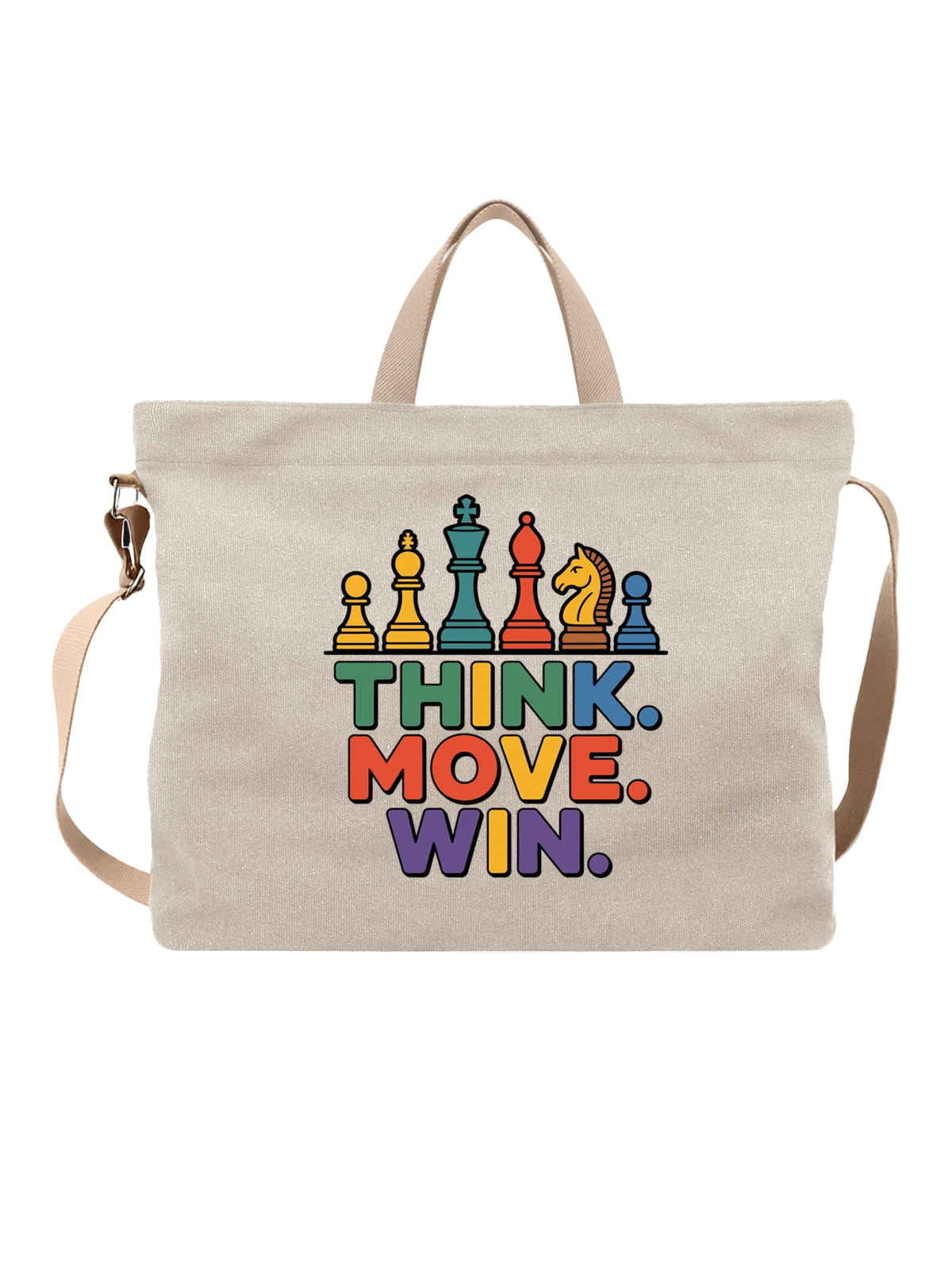 Сумка бежевая с принтом Шахматные фигуры и слоган THINK MOVE WIN — шахматный слоган THINK MOVE WIN — Бежевая, фото 1