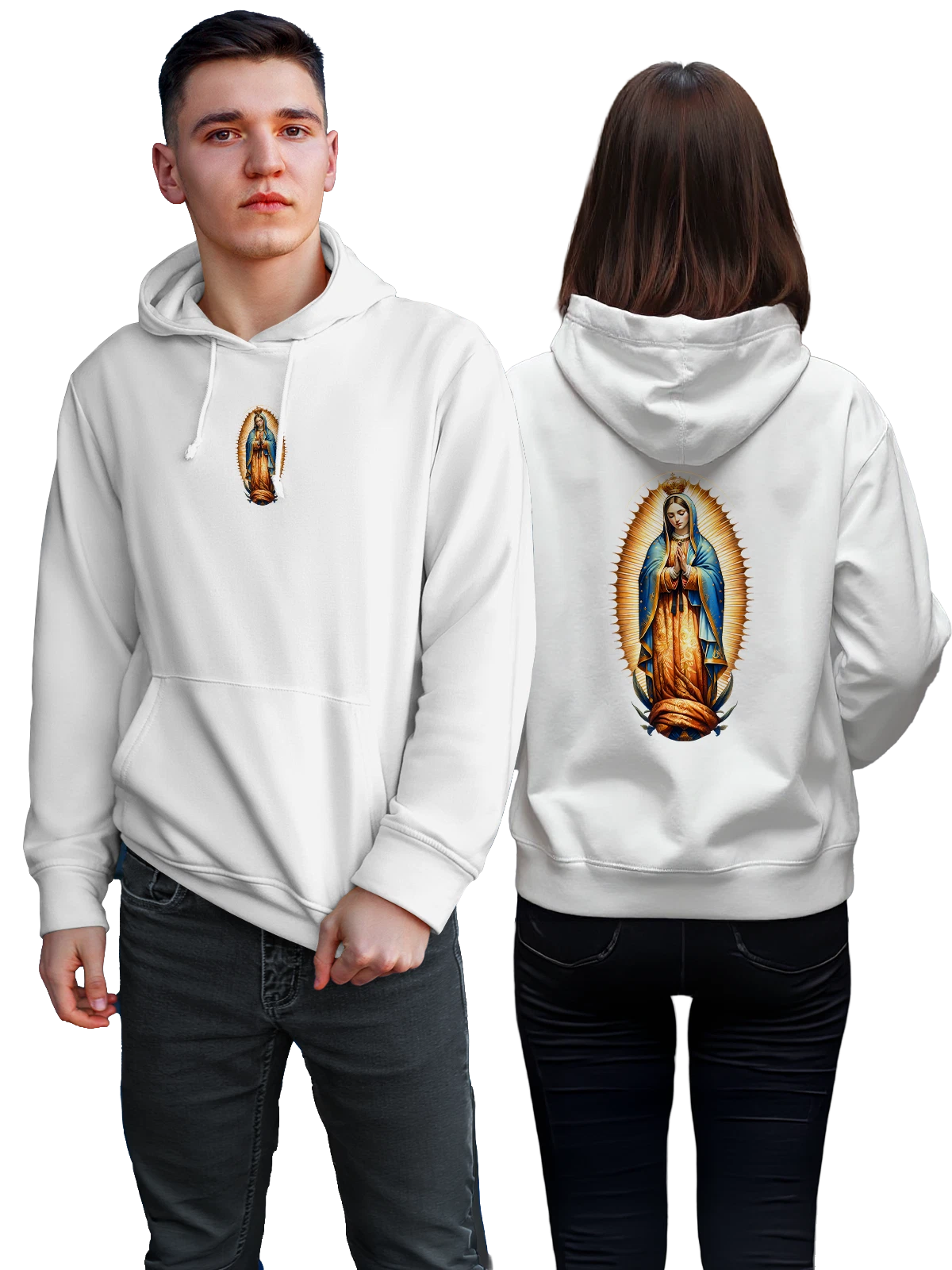 Худи Virgin Mary в синем мафории с короной белое с принтом — folded hands — Белая, фото 1