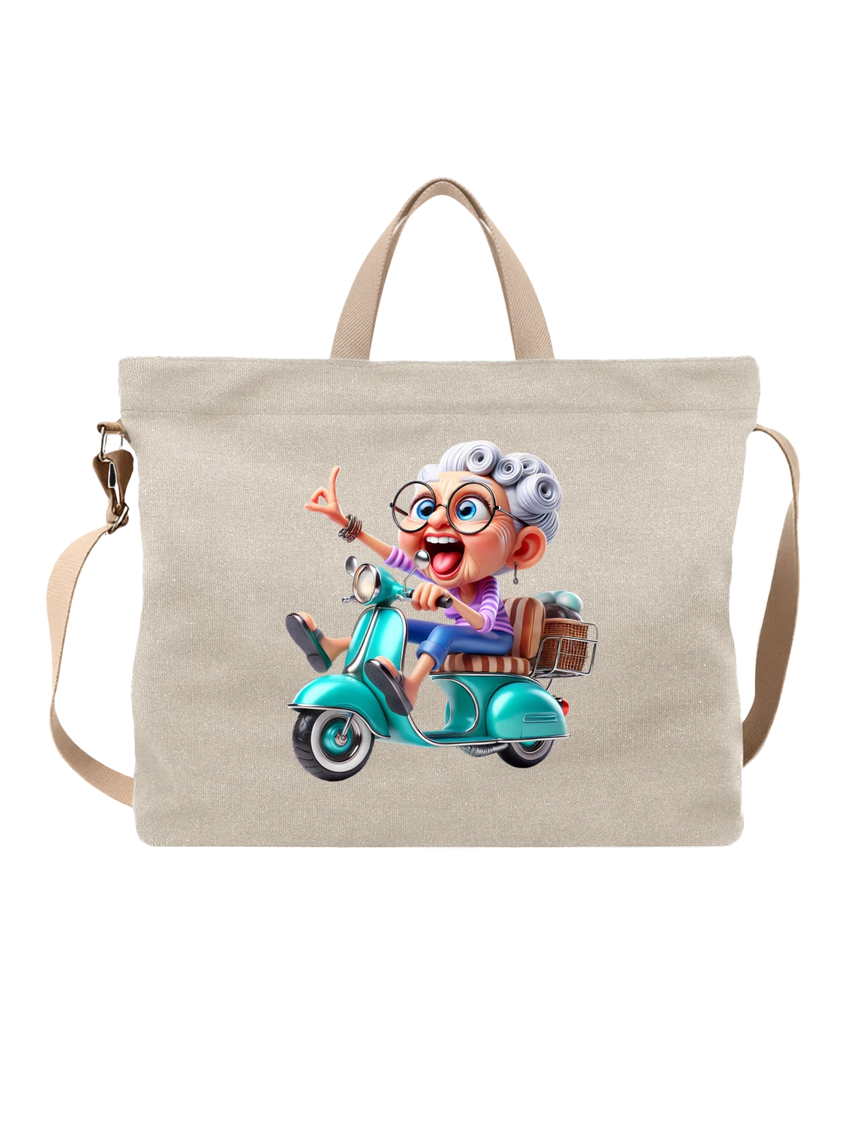 Сумка Бабушка на ретро скутере с корзиной белая с принтом — мультяшный стиль — Белая, фото 1